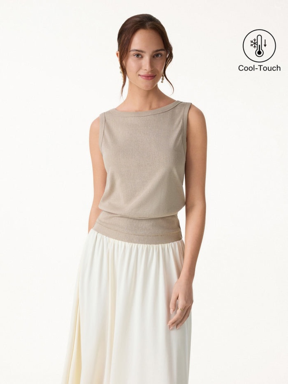 OGL Calico Beige Cotton-Linen Blend Reversible boatneck Low Back Top Size Medium